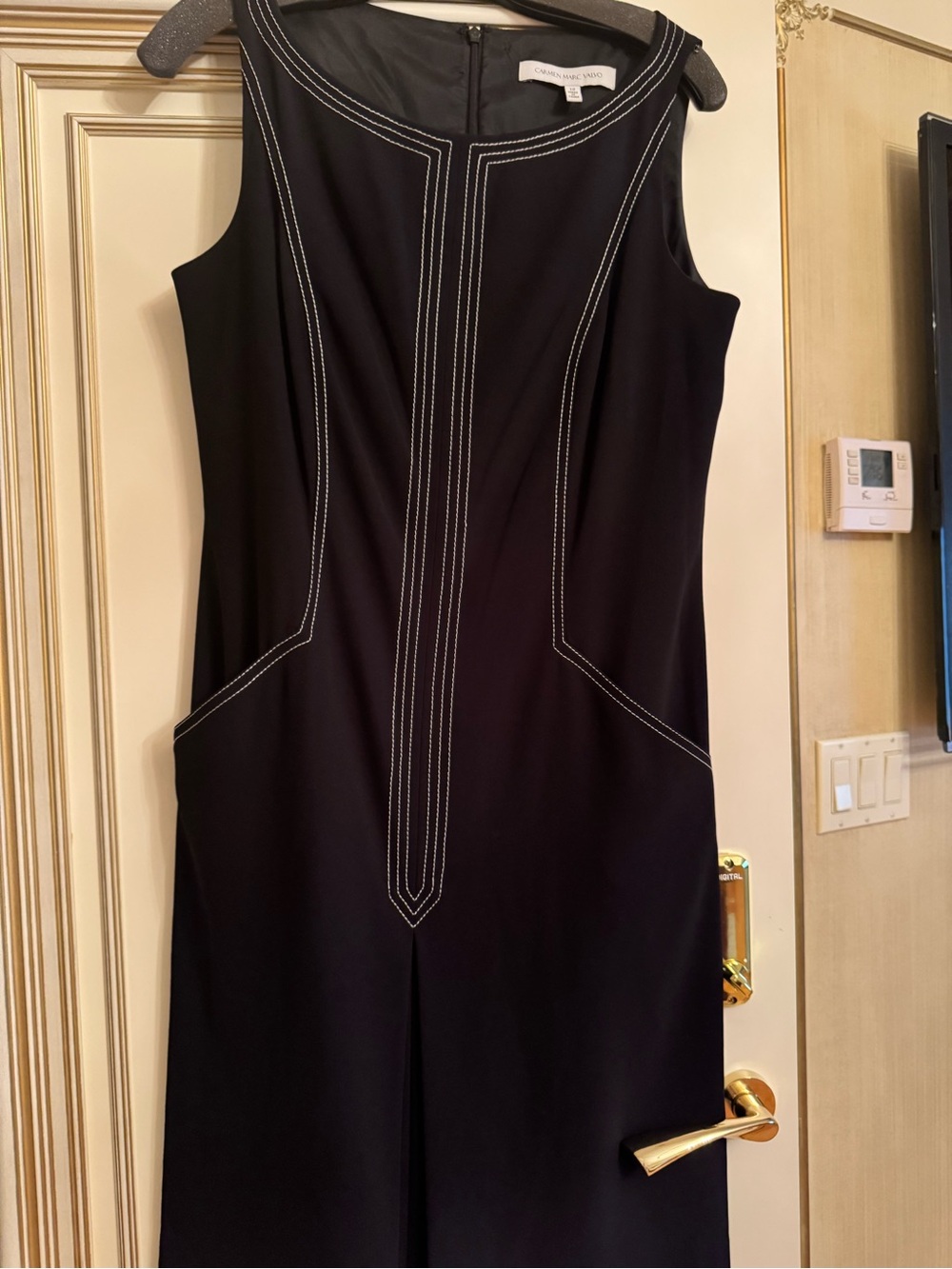 Carmen Marc Valvo Black Midi Dress with White Contrast Stitching